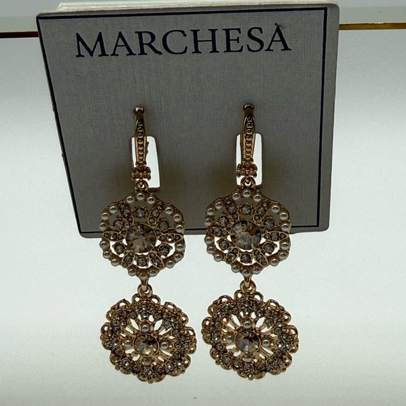 Marchesa Gold-Tone Crystal & Imitation Pearl Flower Double Drop Earrings - Picture 5 of 13